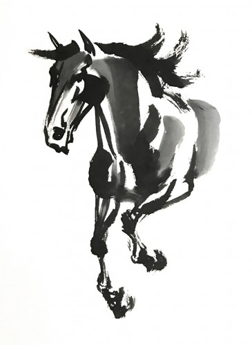 Original Chinese Watercolor painting of a proud, charging horse.