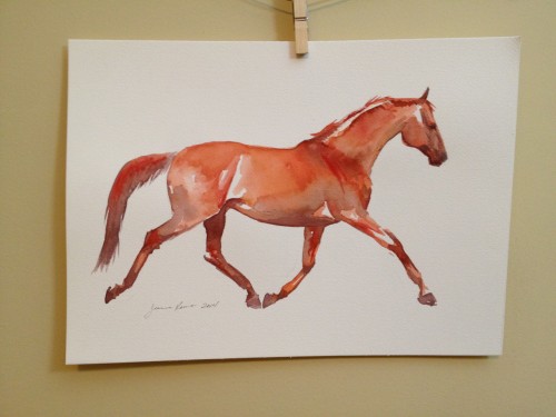 Original watercolor painting of a muscular red horse at a bold trot. 