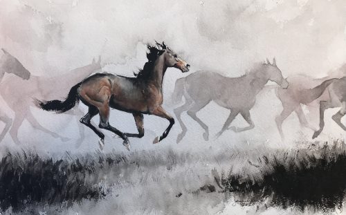 Watercolor painting of horse galloping with ghostly shadows of a herd of other horses