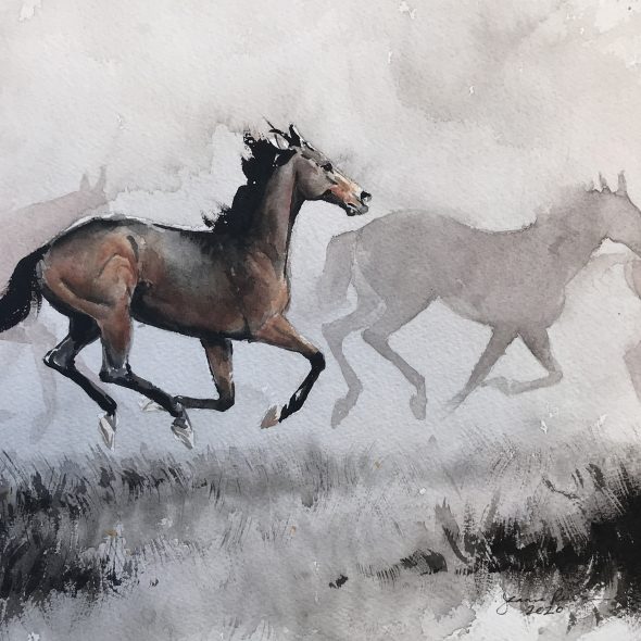 Watercolor painting of horse galloping with ghostly shadows of a herd of other horses