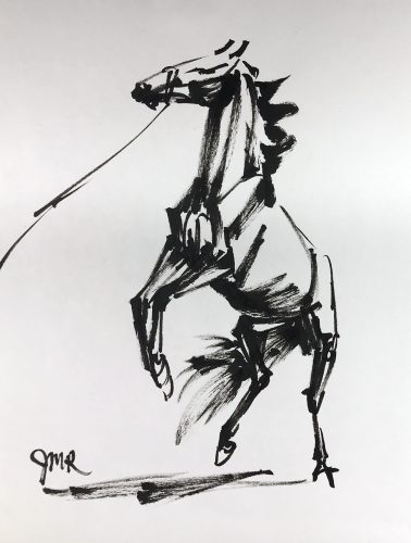 Rough ink sketch of a horse pulling back on a lead rope
