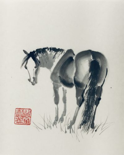 Chinese brush painting of a horse bending its head to look back at you