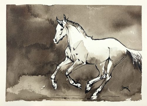 Sepia ink drawing/painting of a horse cantering