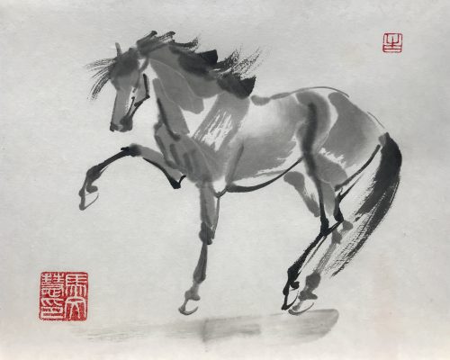 Chinese brush painting of a horse pawing at the ground