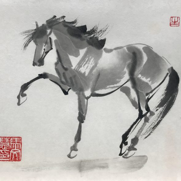 Chinese brush painting of a horse pawing at the ground
