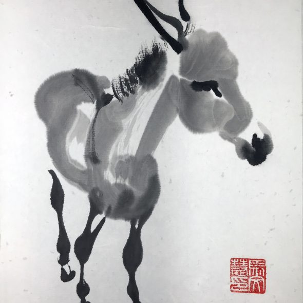Chinese brush painting of a fuzzy donkey