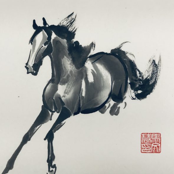 Chinese brush painting of a horse jumping