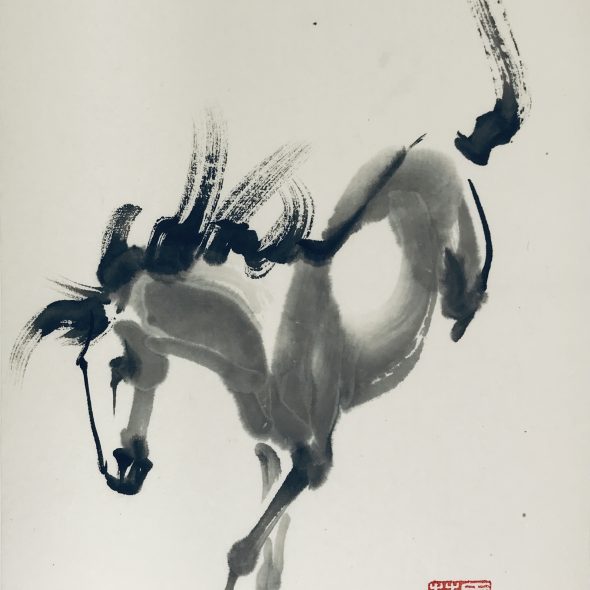 Chinese brush painting of a horse leaping