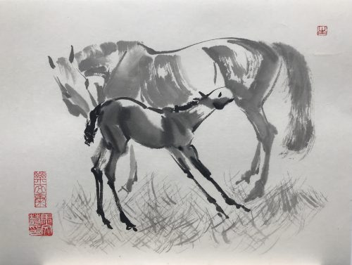 Chinese brush painting of a mare and foal