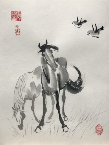 Chinese brush painting of two horses, one is grazing and one is looking up at two birds flying