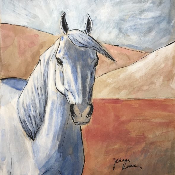 Watercolor and ink painting of a white horse inspired by the style of Picasso's rose period