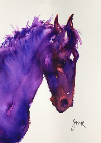 Watercolor painting of a sensitive horse's head in  bright shades of purple, orange, and pink