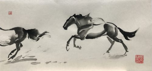 Chinese brush painting of one horse running after another
