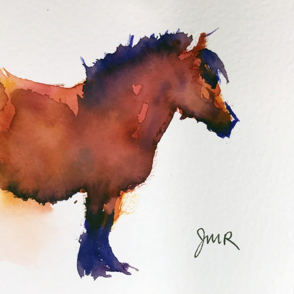 Bright watercolor painting of a fuzzy red bay pony's forequarters.