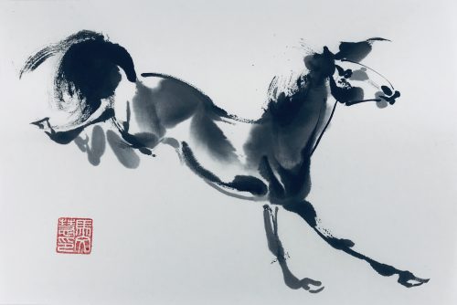 Chinese brush painting of a horse bucking energetically
