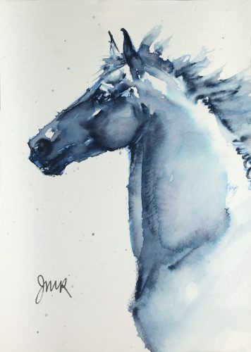 Watercolor painting of a horse head with mane flying in shades of watery blue