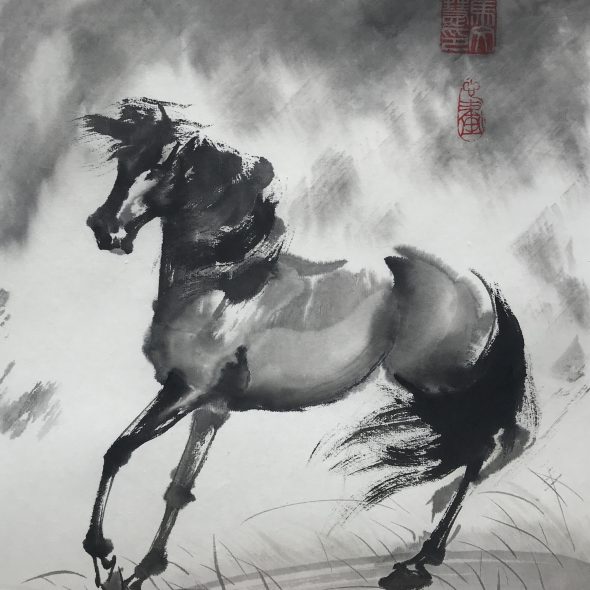 Chinese brush painting of a horse with windswept mane and tail, stormy skies