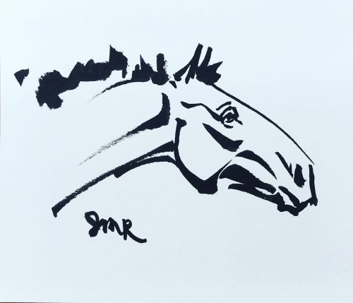 Black ink sketch of a draft horse's head