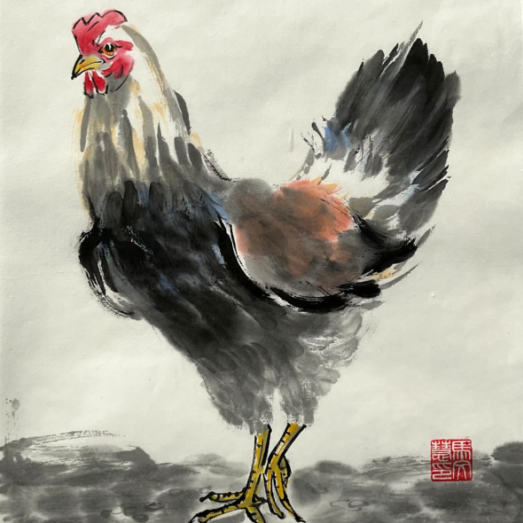 Chinese ink and color painting of a colorful hen stepping forward on a pebbled ground.