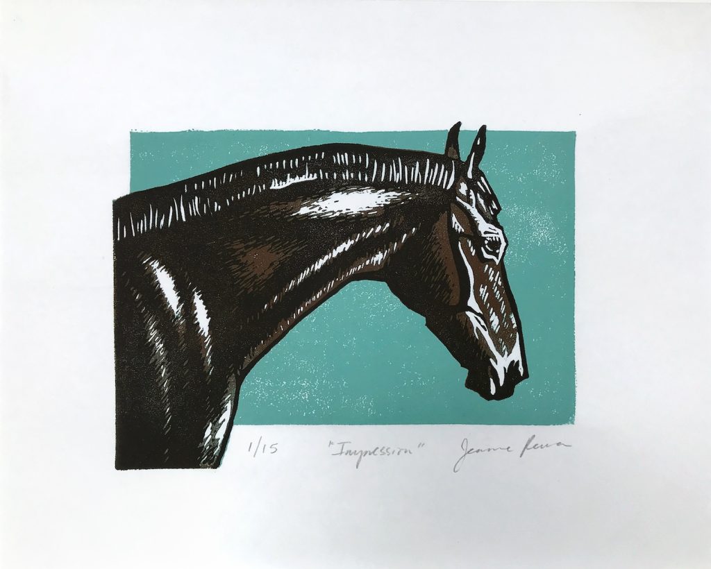 Linocut art print in teal, brown, black, and white of a dark thoroughbred horse's head neck and shoulders. Artist's signature and print number in pencil. 