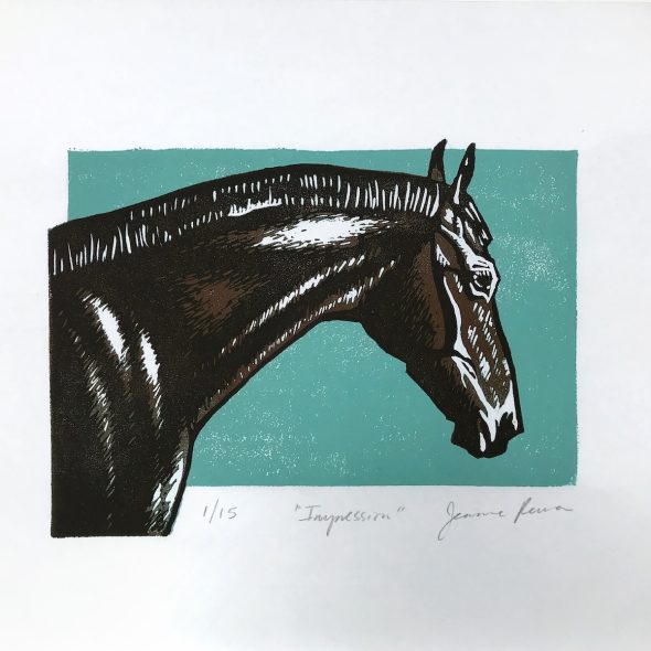 Linocut art print in teal, brown, black, and white of a dark thoroughbred horse's head neck and shoulders. Artist's signature and print number in pencil.