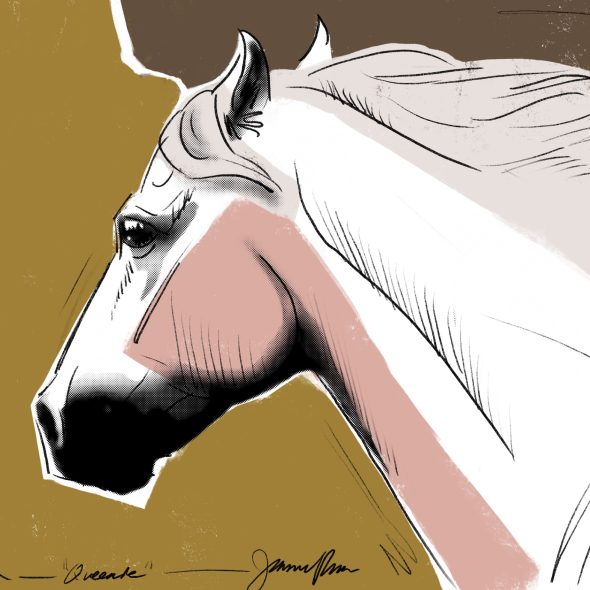 digital painting of a white pony in a screen print Andy Warhol style in shades of brown, black white, and pink.