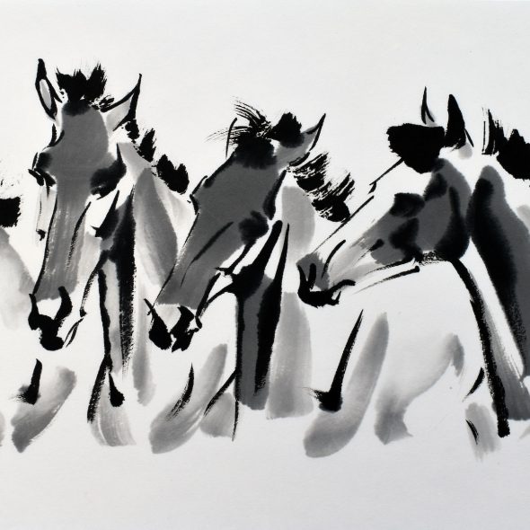 Chinese Brush Painting of the heads of four young horses