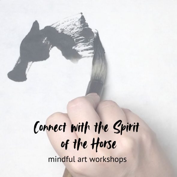 Hand painting a horse in black ink with a horsehair brush. Text says "Connect with the Spirit of the Horse - mindful art workshops."